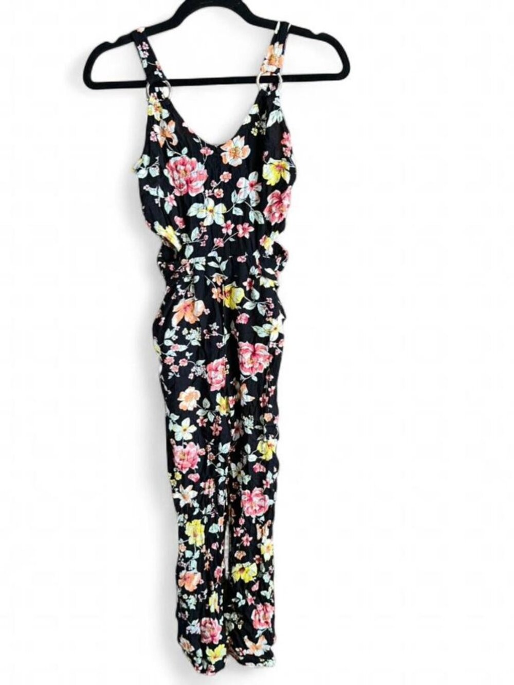 Floral Jumpsuit Side Cut Out Black Size Small